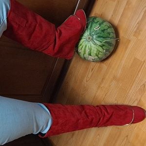 Women's Red Draped Knee Boots - 4" Stacked Heels